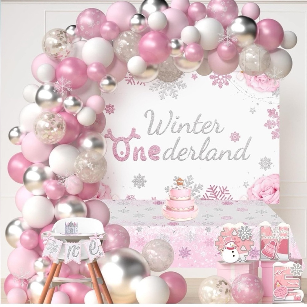 Winter Wonderland Pink and Silver Balloon Arch Kit - First Birthday